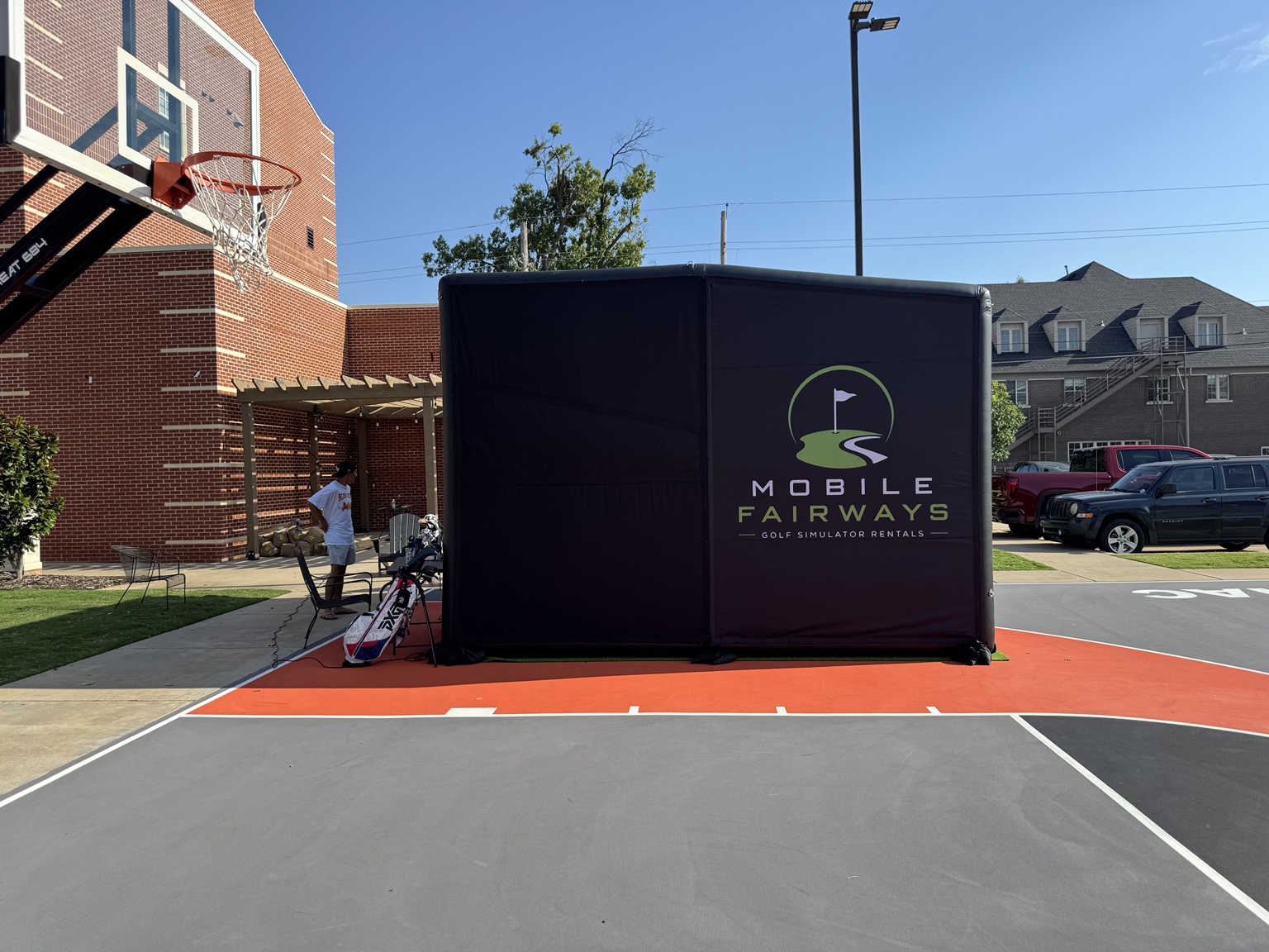 Mobile Fairways inflatable golf simulator set up at an Oklahoma event